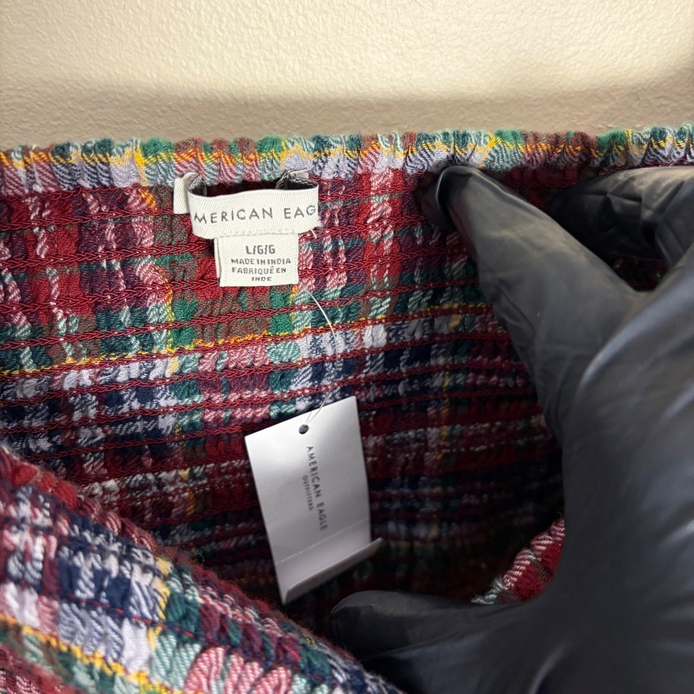 American Eagle Top Women L Red Plaid Smocked Off The Shoulder Puff Sleeve Crop - Picture 5 of 8